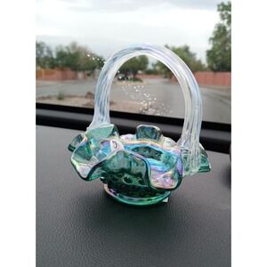 FENTON Glass Spruce Green 4" Miniature Hobnail Basket French Opalescent Handle
